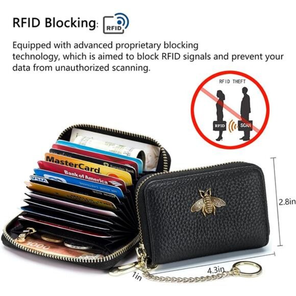 RFID Credit Card Holder Small Leather Wallet Zipper Card Case for Women Bee - Picture 5 of 7